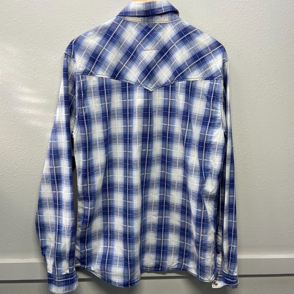 Christian Audigier Blue Plaid Pearl Snap Long Sleeve Button Up Men's XL - Picture 2 of 6